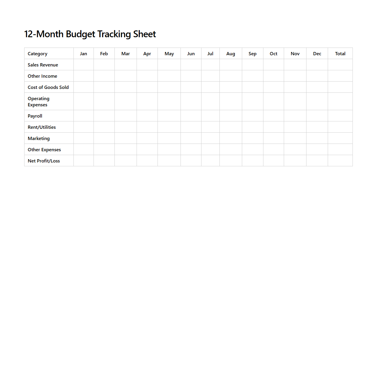 12-Month Budget Tracking Sheet for Small Business