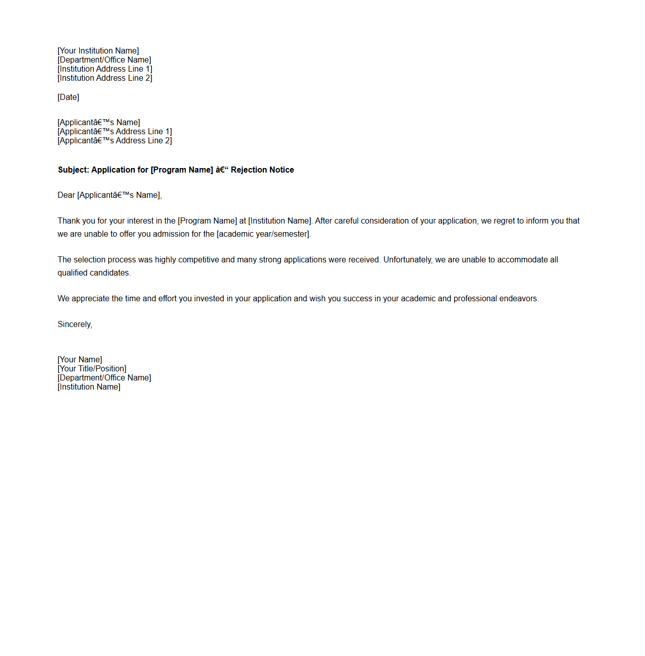 Academic Application Rejection Letter Format