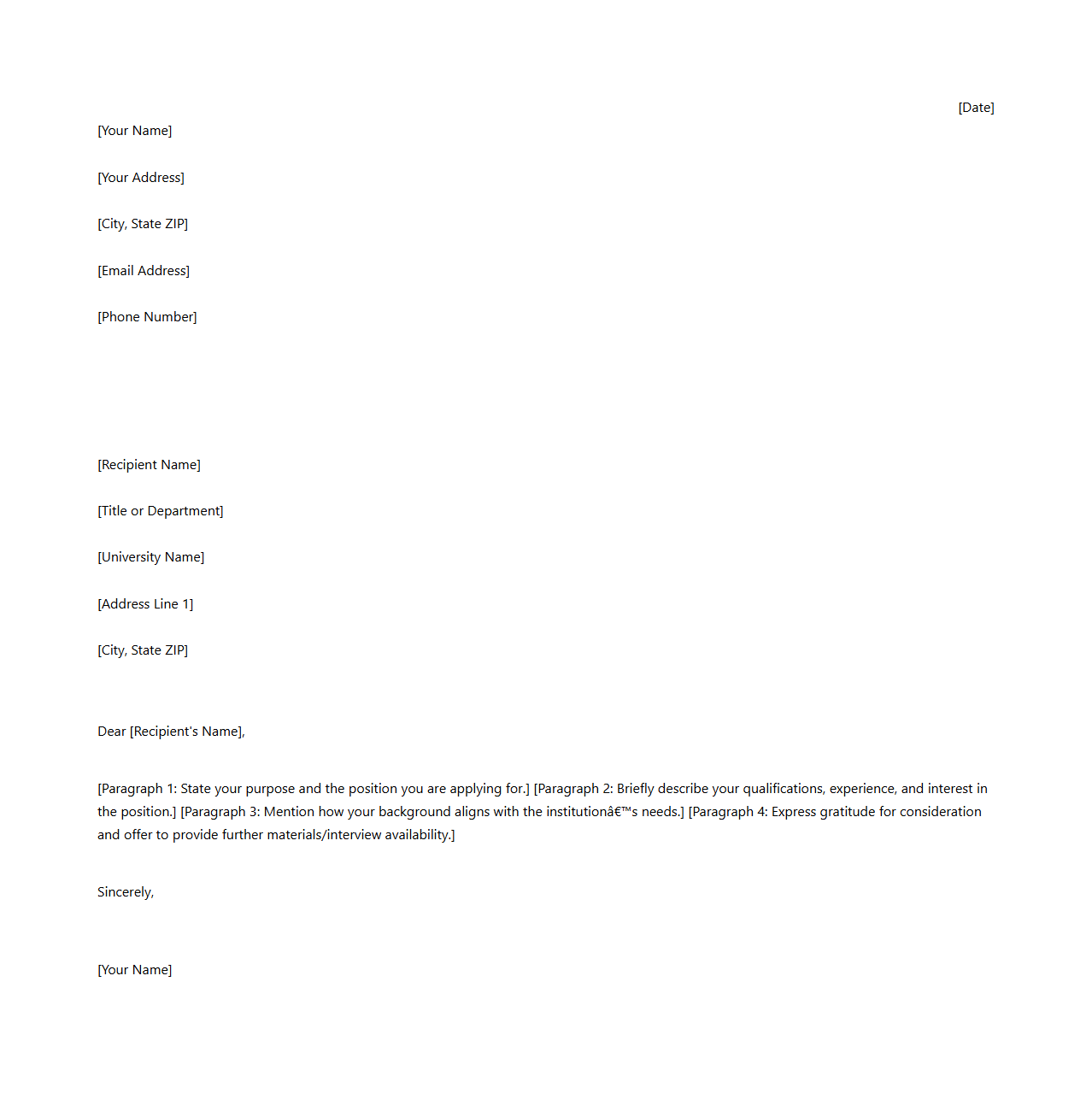 Academic Blank Cover Letter Sheet for University Positions