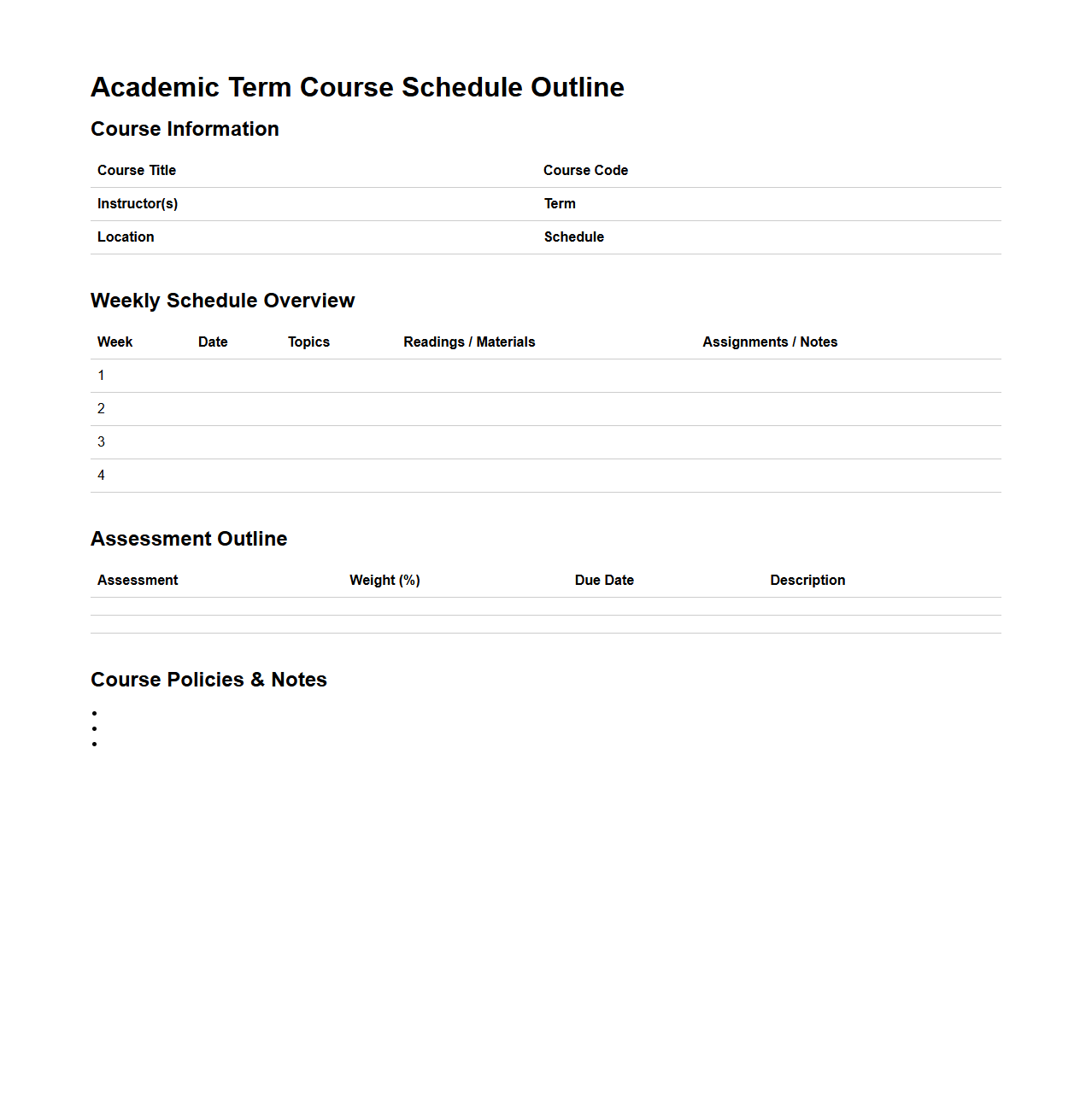 Academic Term Course Schedule Outline