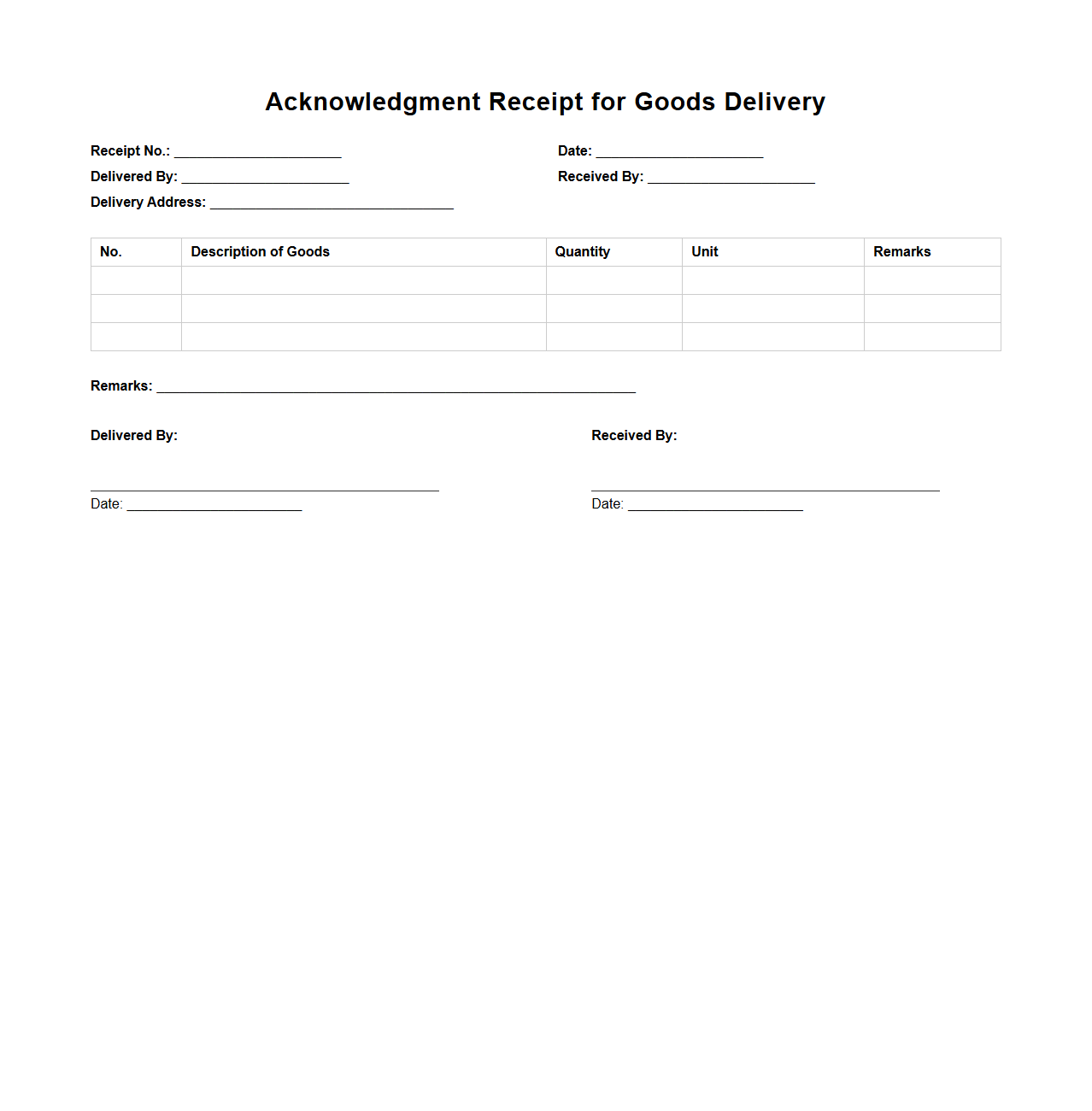 Acknowledgment Receipt for Goods Delivery