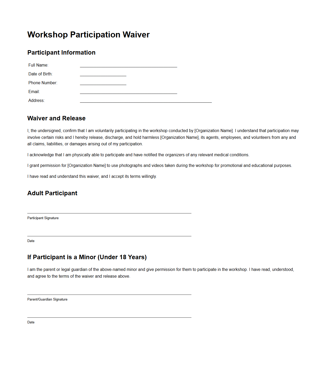 Adult and Minor Workshop Participation Waiver