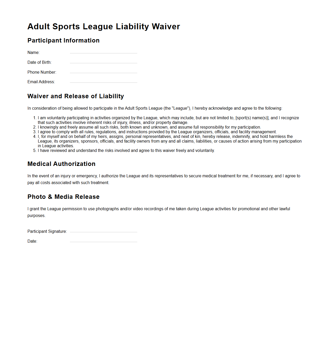 Adult Sports League Liability Waiver Template