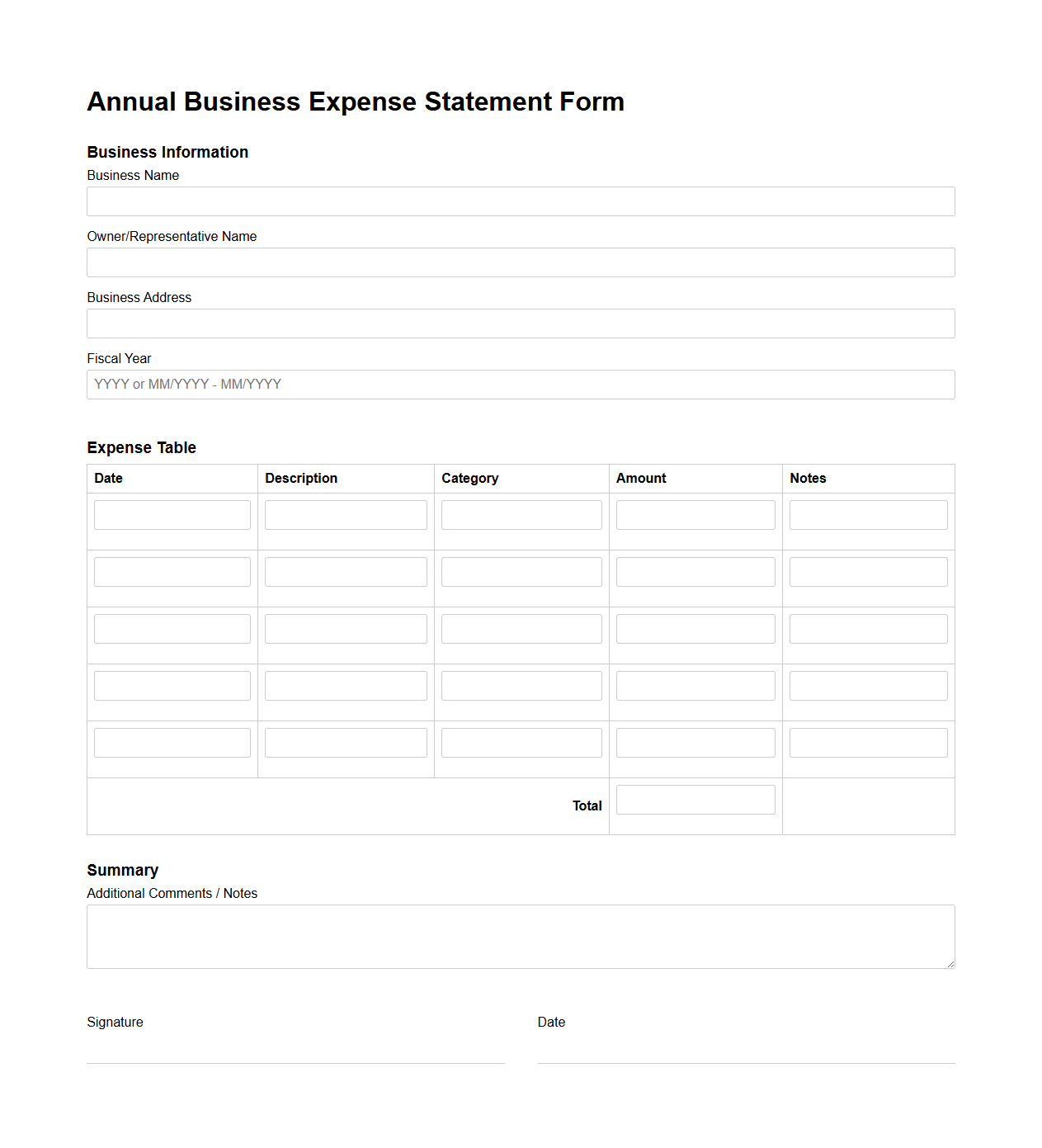 Annual Business Expense Statement Form