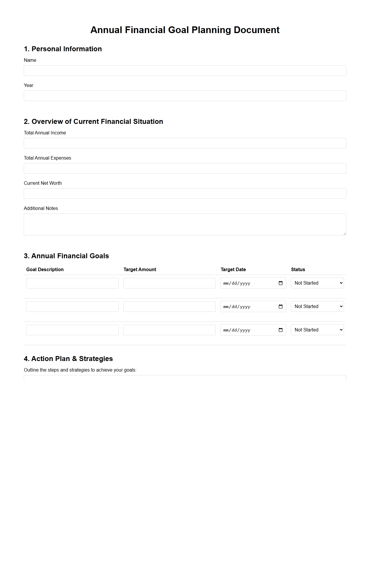 Annual Financial Goal Planning Document
