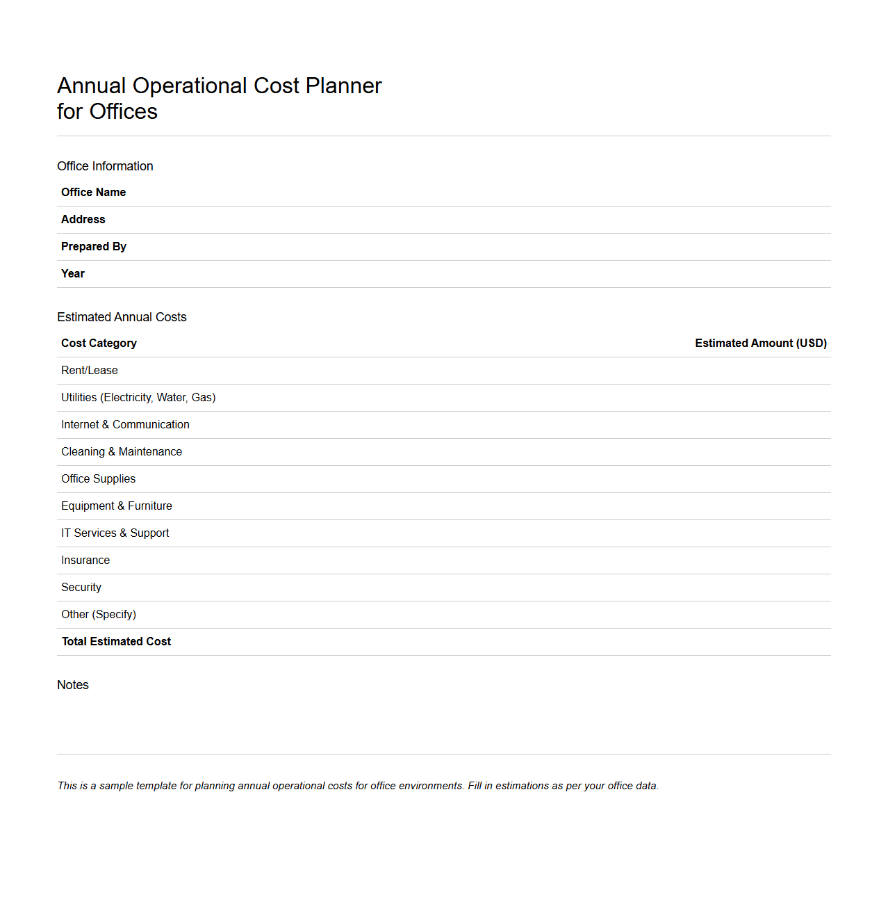 Annual Operational Cost Planner for Offices