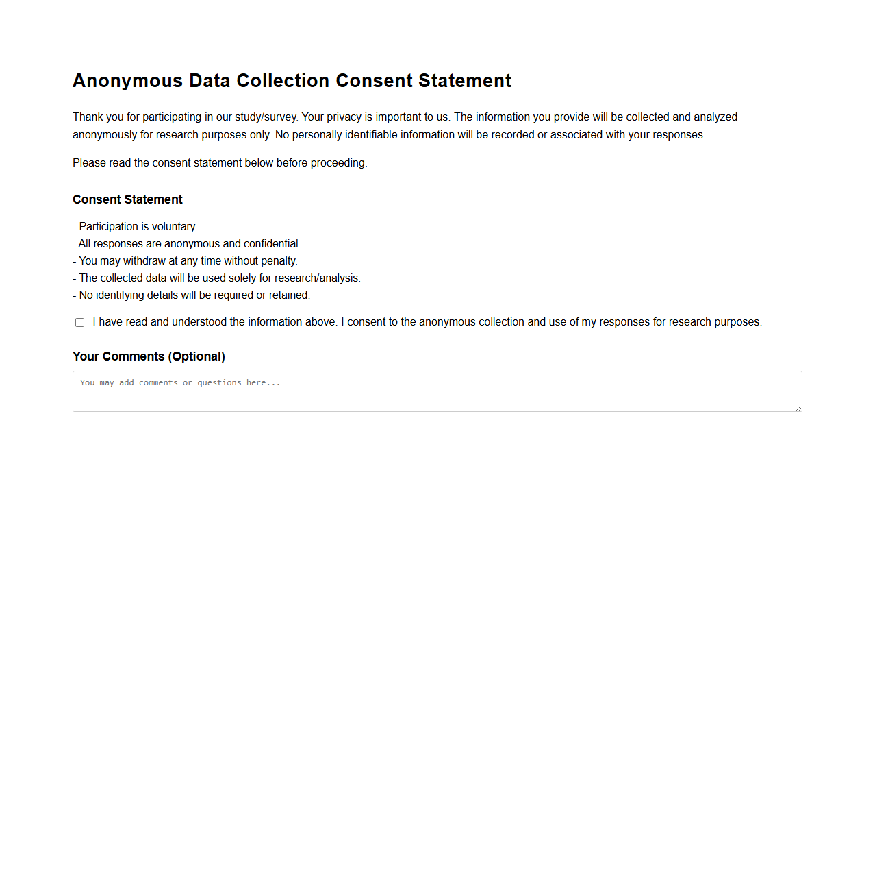 Anonymous Data Collection Consent Statement Form