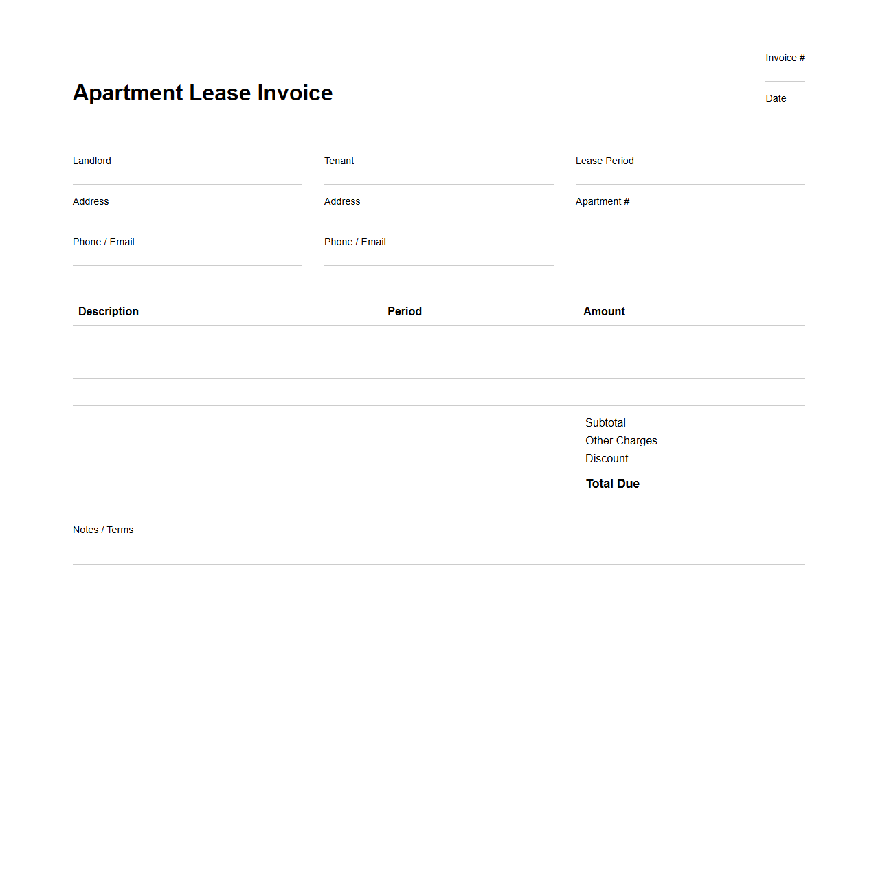 Apartment Lease Invoice Sheet Template