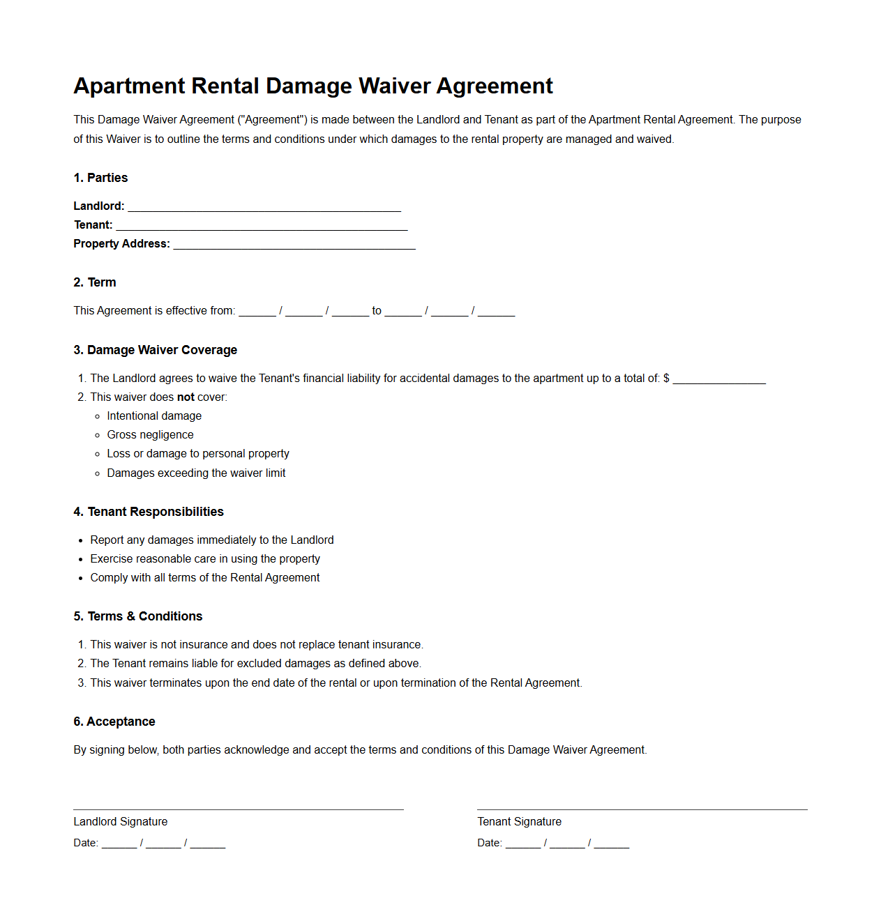 Apartment Rental Damage Waiver Agreement