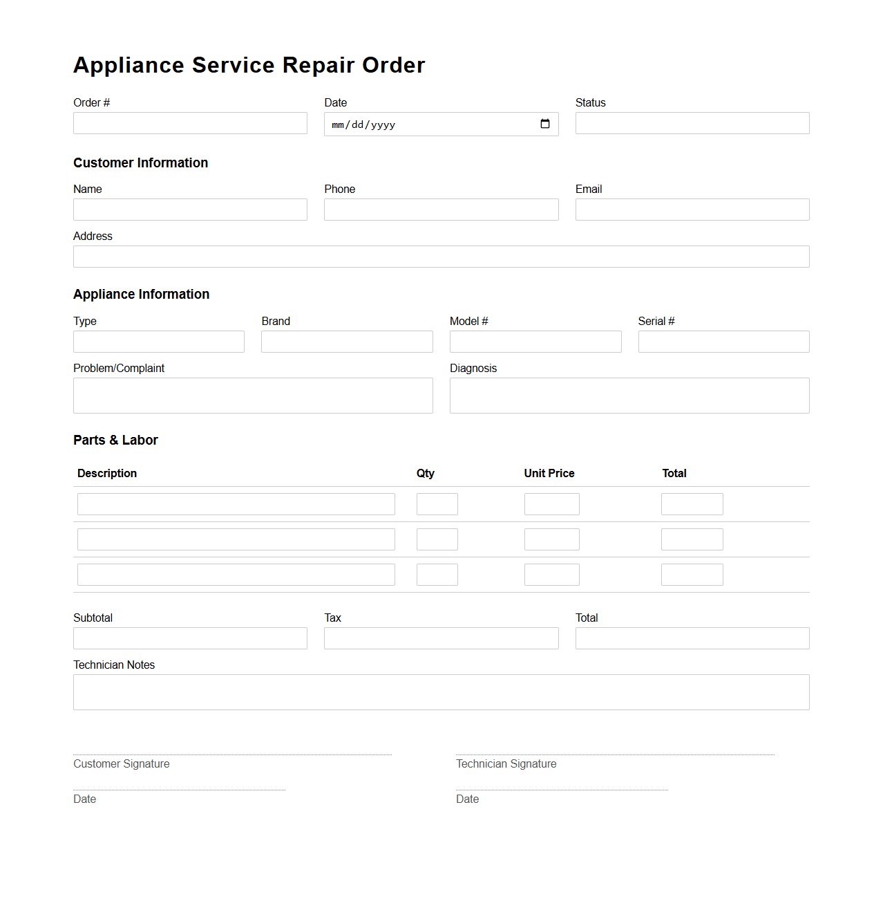 Appliance Service Repair Order Template
