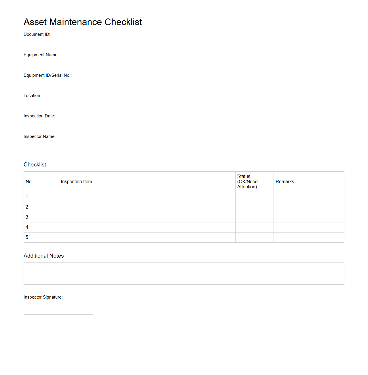 Asset Maintenance Checklist Document for Equipment Oversight
