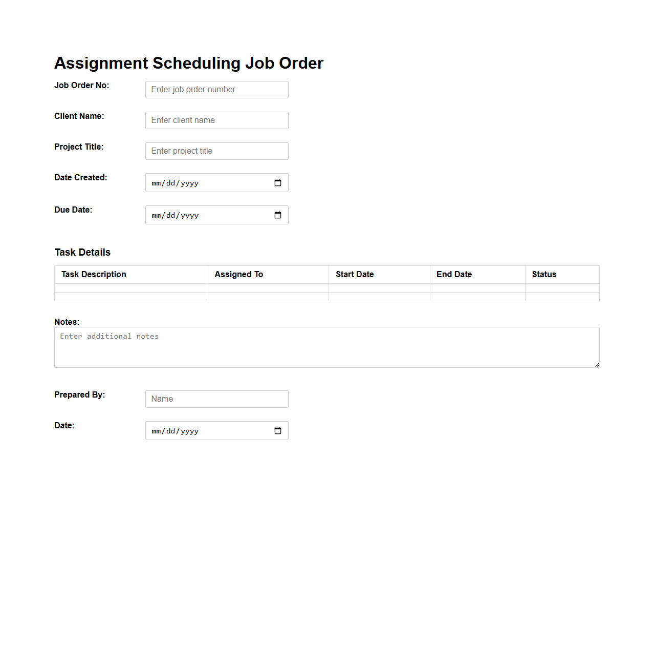 Assignment Scheduling Job Order Template