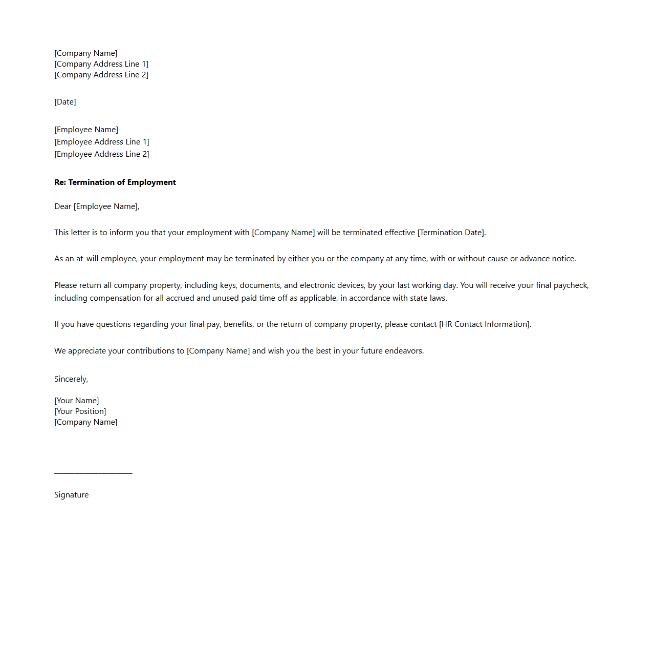 At-Will Employment Termination Letter Template