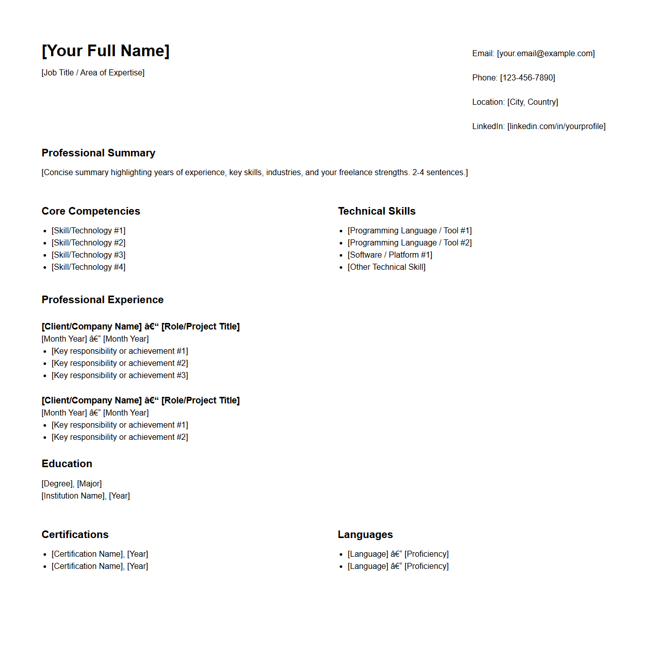 ATS-Ready Freelancer Profile Template for Contract Employment