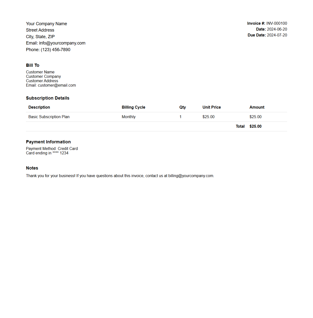 Automated Subscription Invoice Template