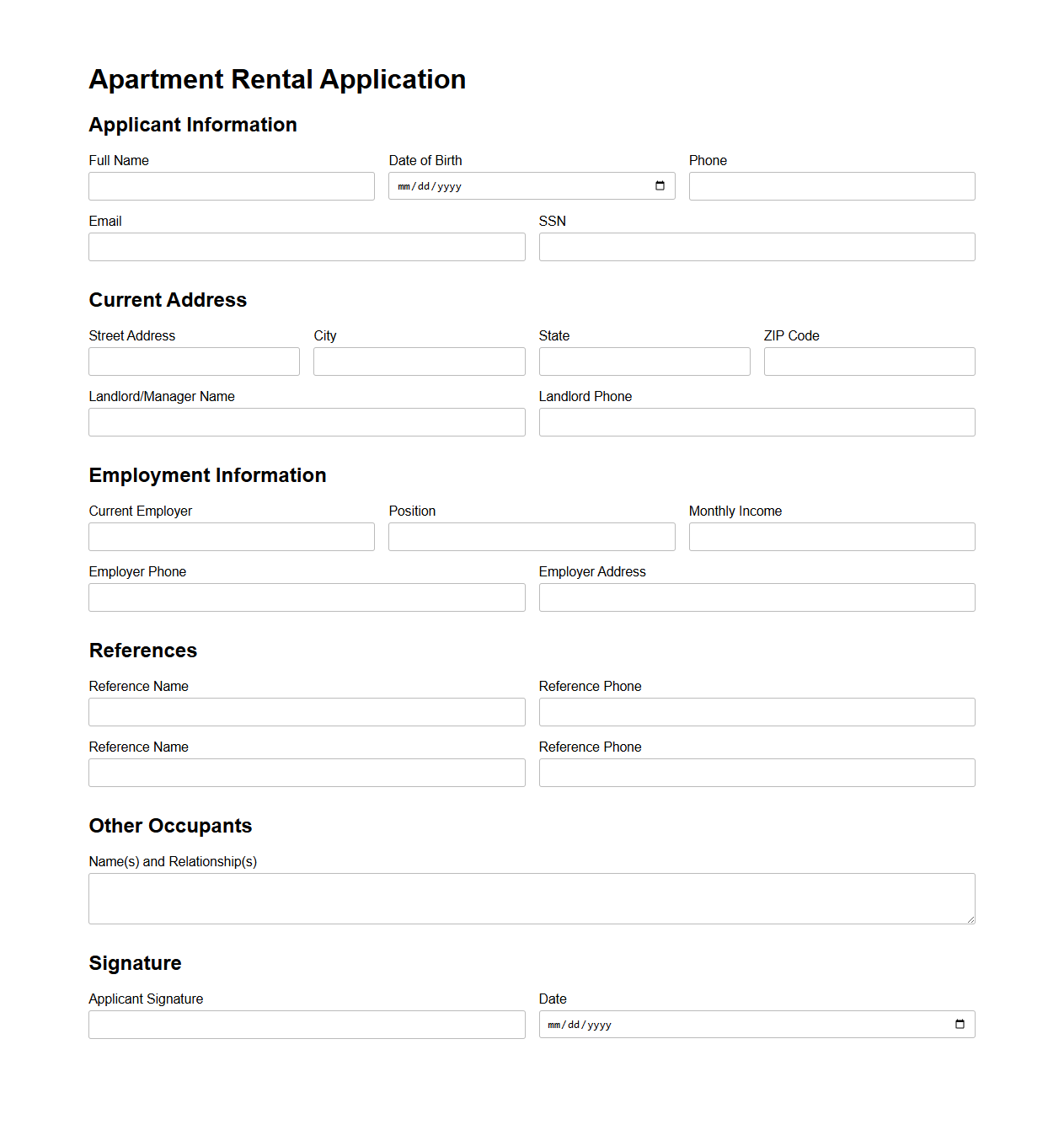 Basic Apartment Rental Application Template