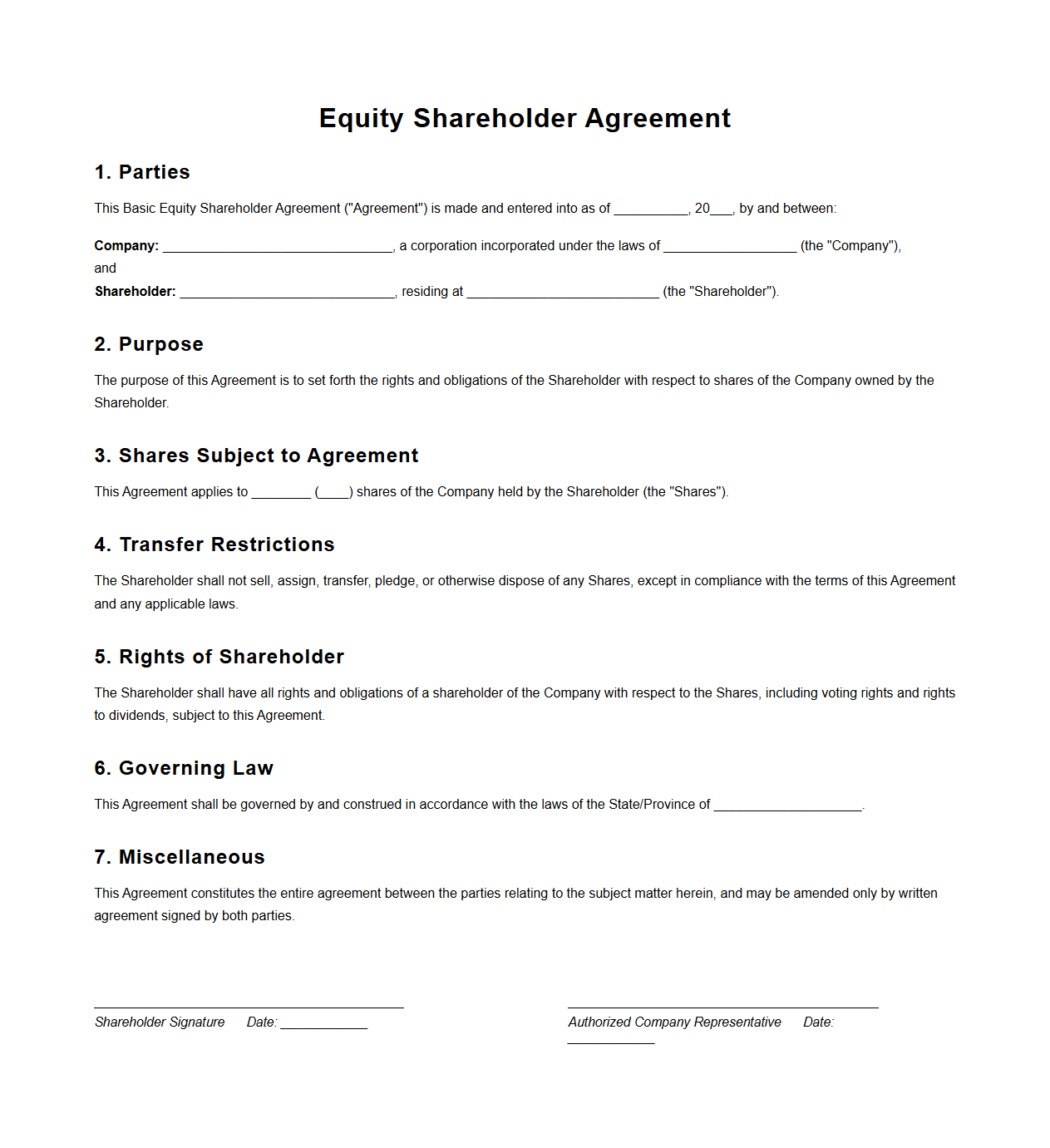 Basic Blank Equity Shareholder Agreement