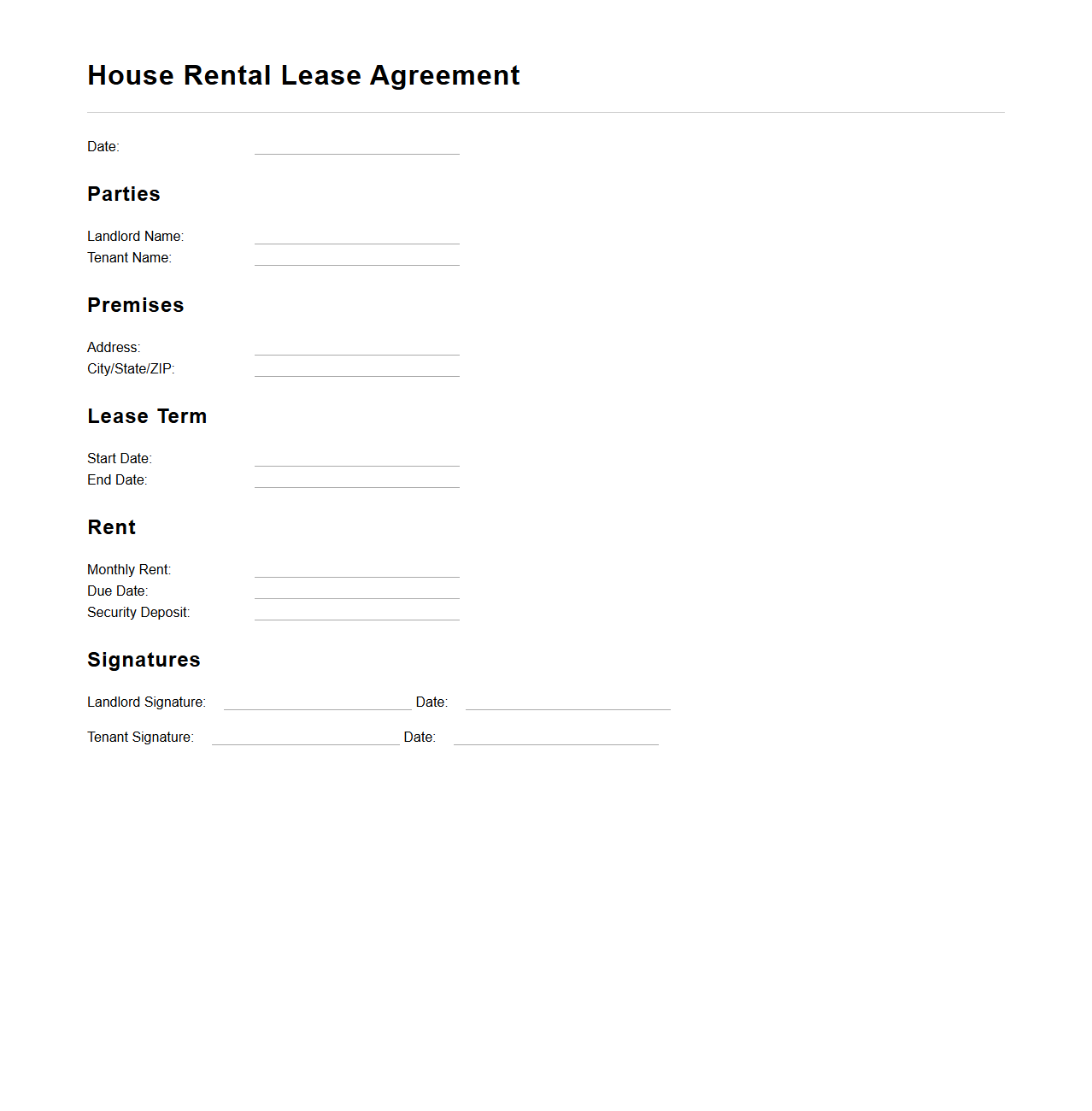 Basic Blank House Rental Lease Template