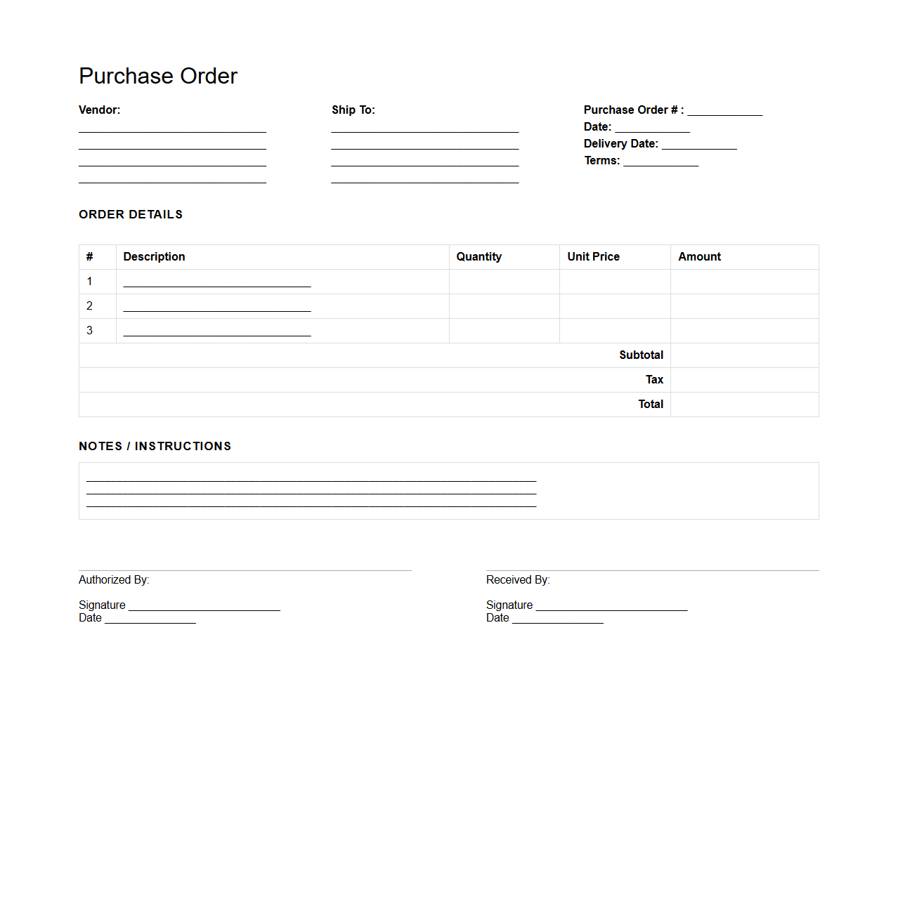 Basic Business Purchase Order Document Template