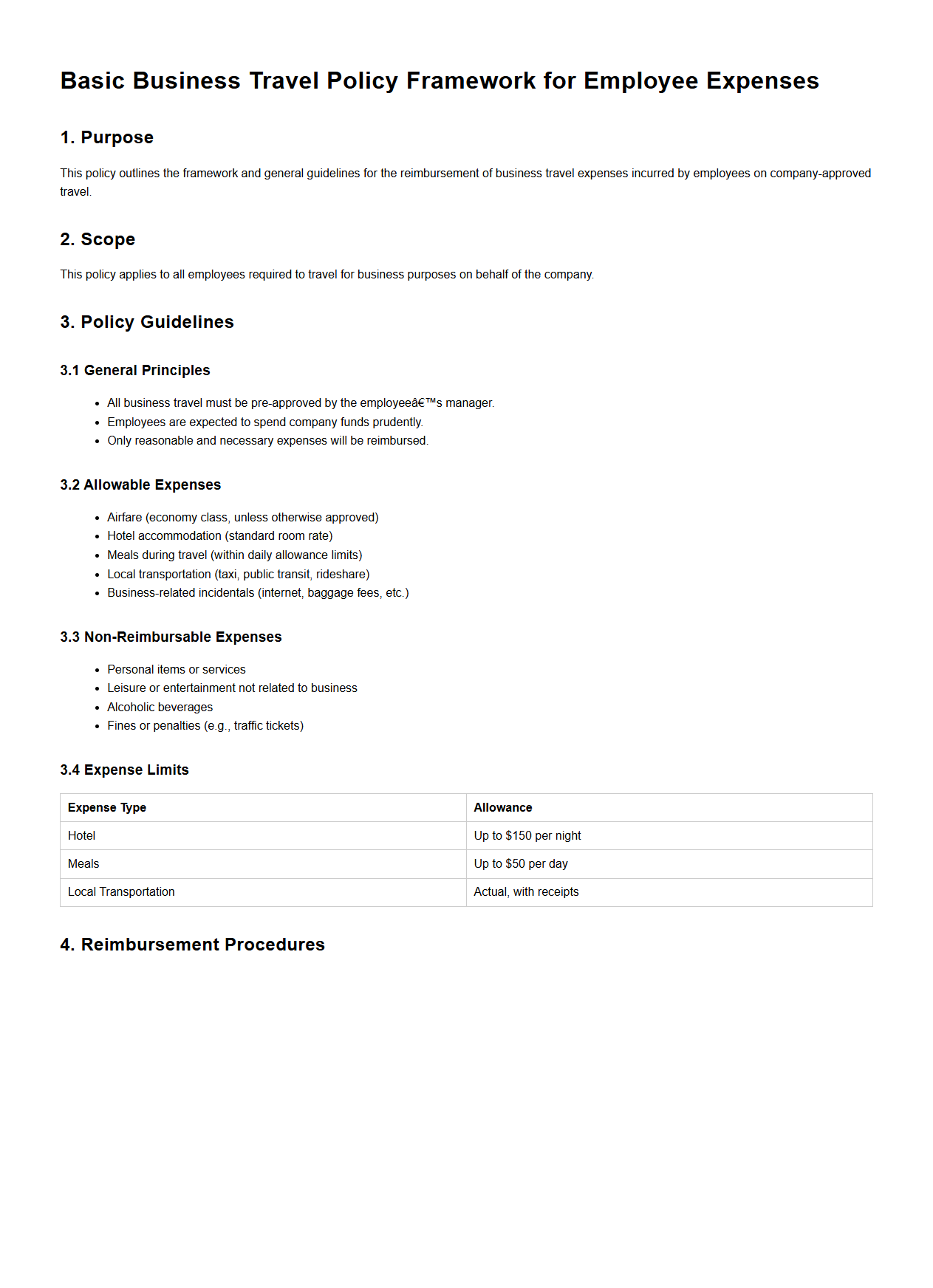 Basic Business Travel Policy Framework for Employee Expenses