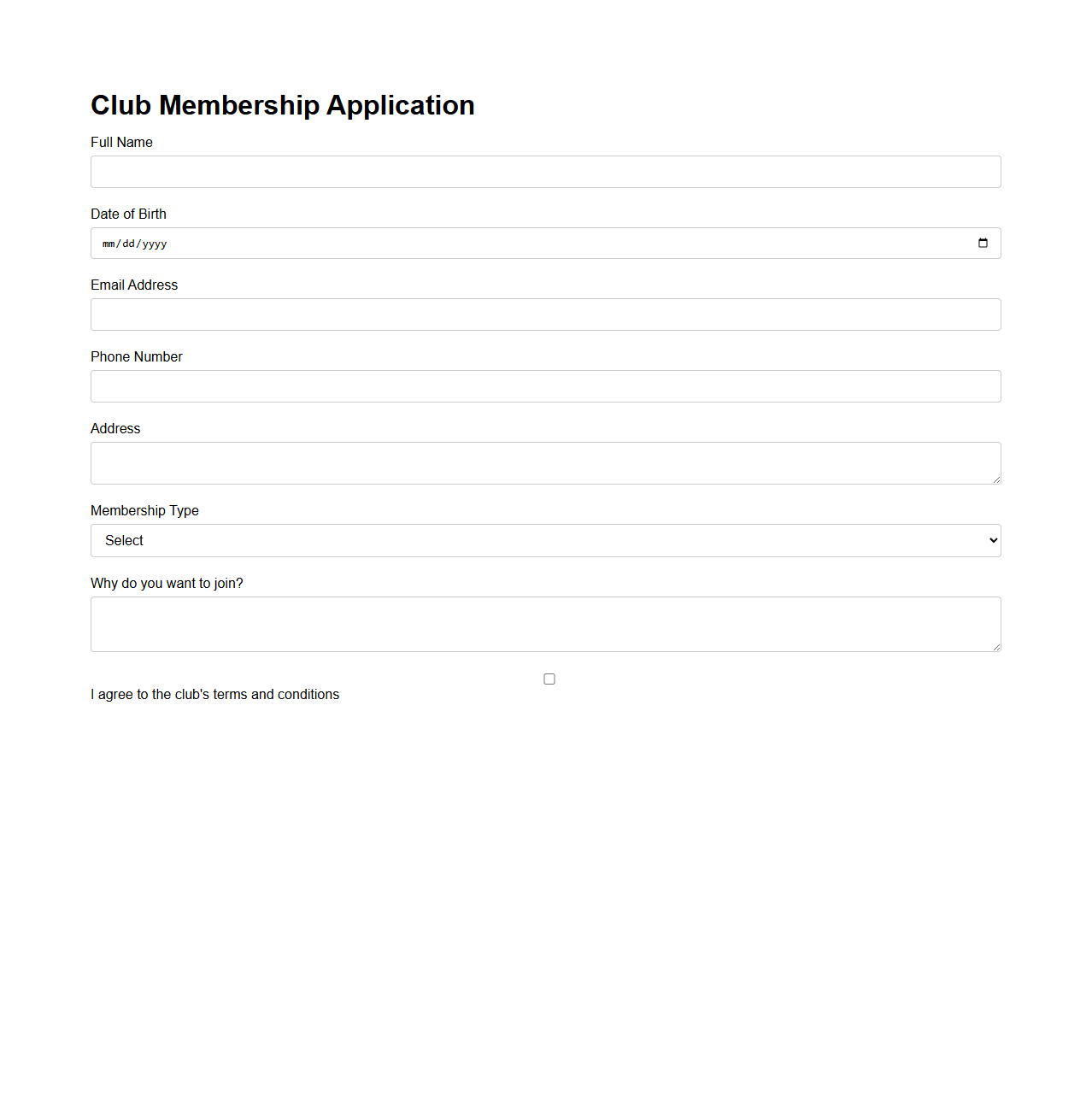 Basic Club Membership Application Template