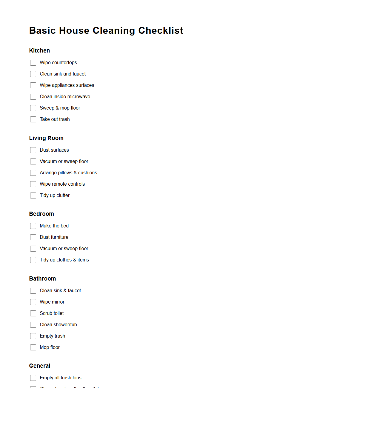 Basic House Cleaning Checklist Template