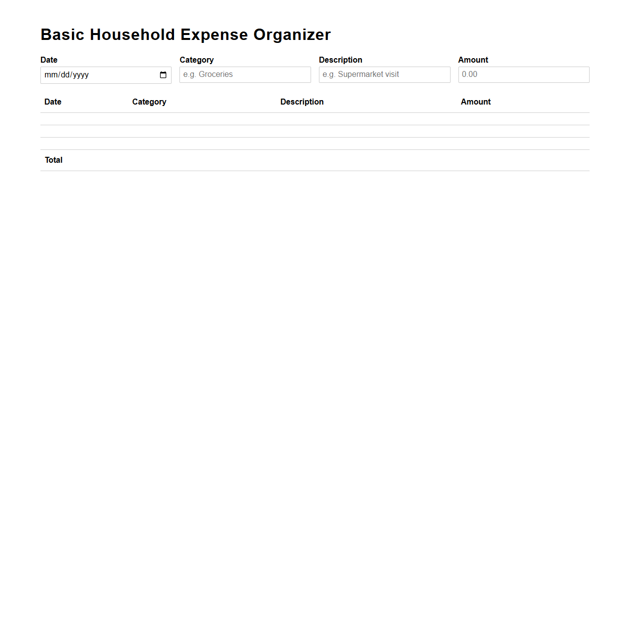 Basic Household Expense Organizer