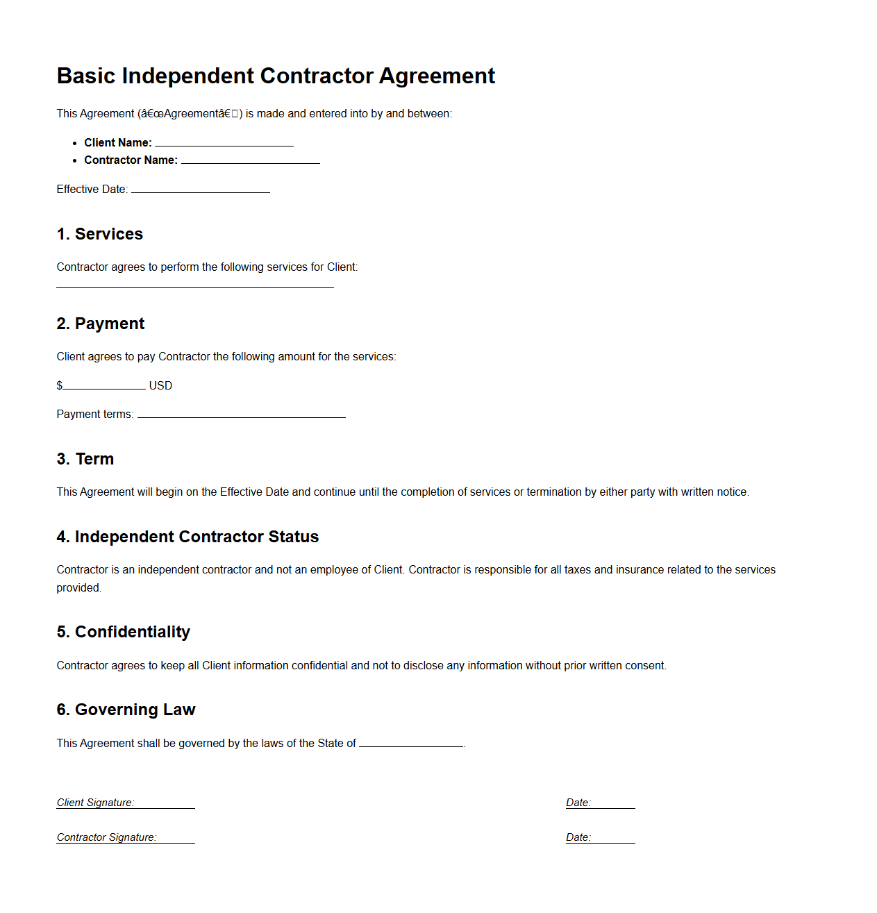 Basic Independent Contractor Contract for Gig Work