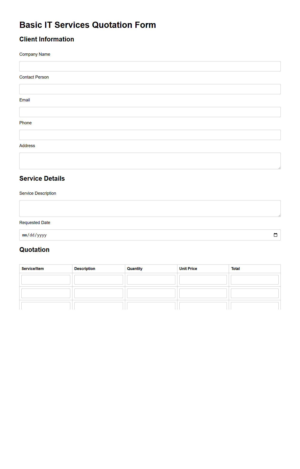 Basic IT Services Quotation Form