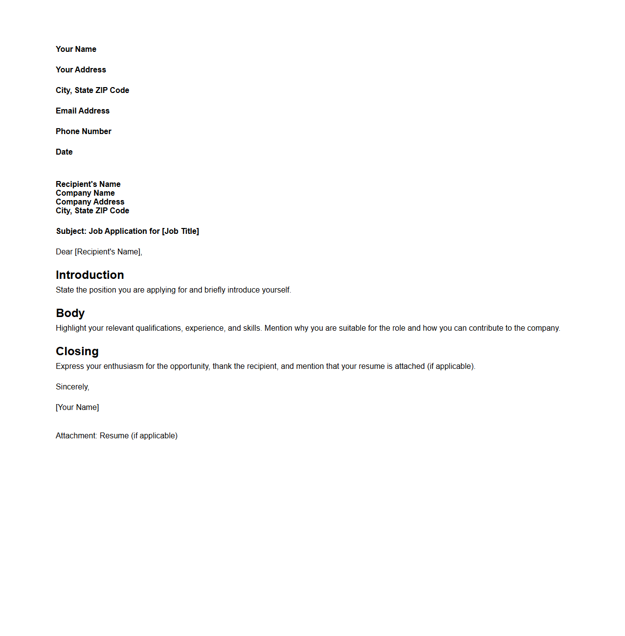 Basic Job Application Letter Framework