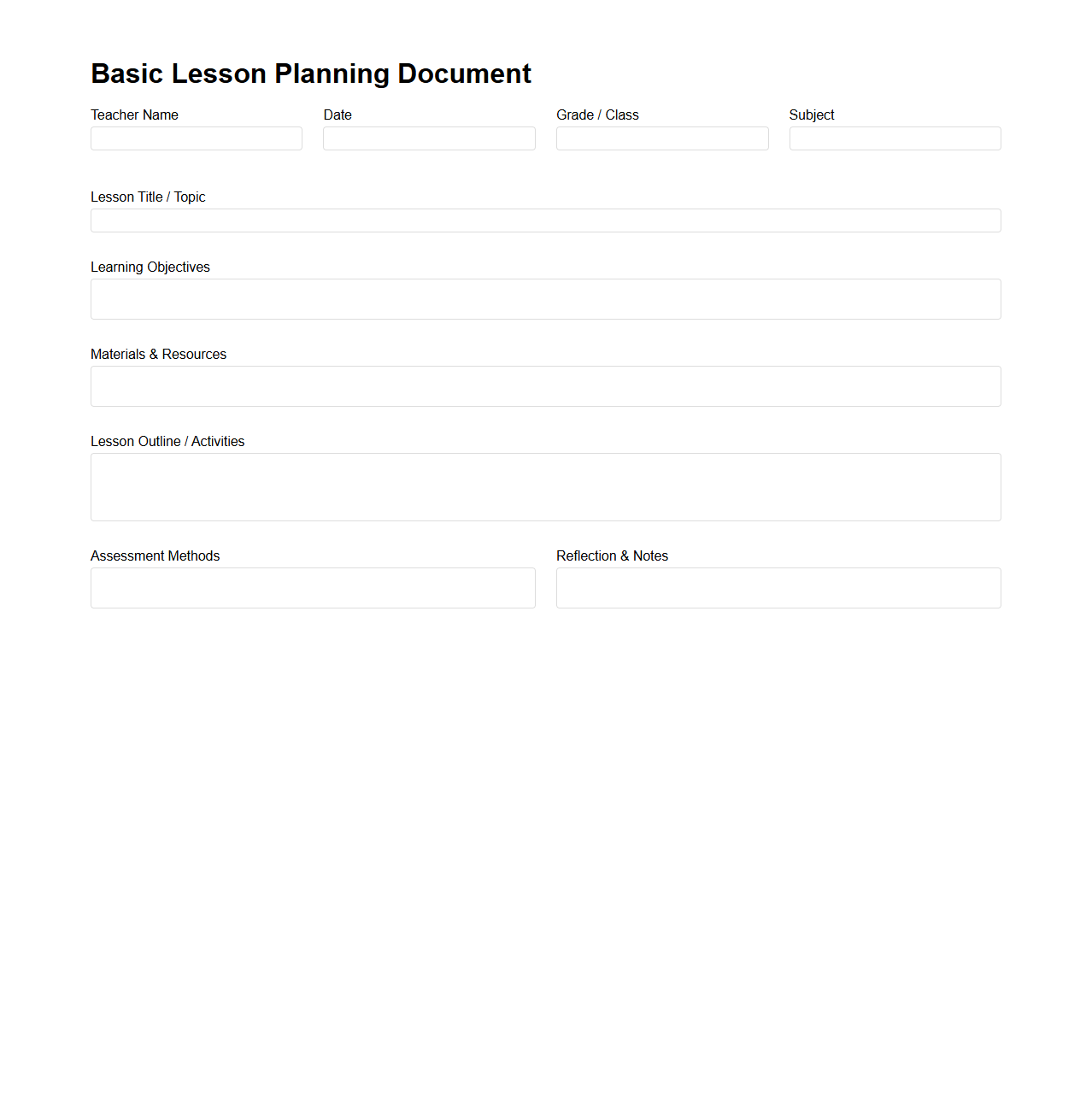 Basic Lesson Planning Document for Teachers