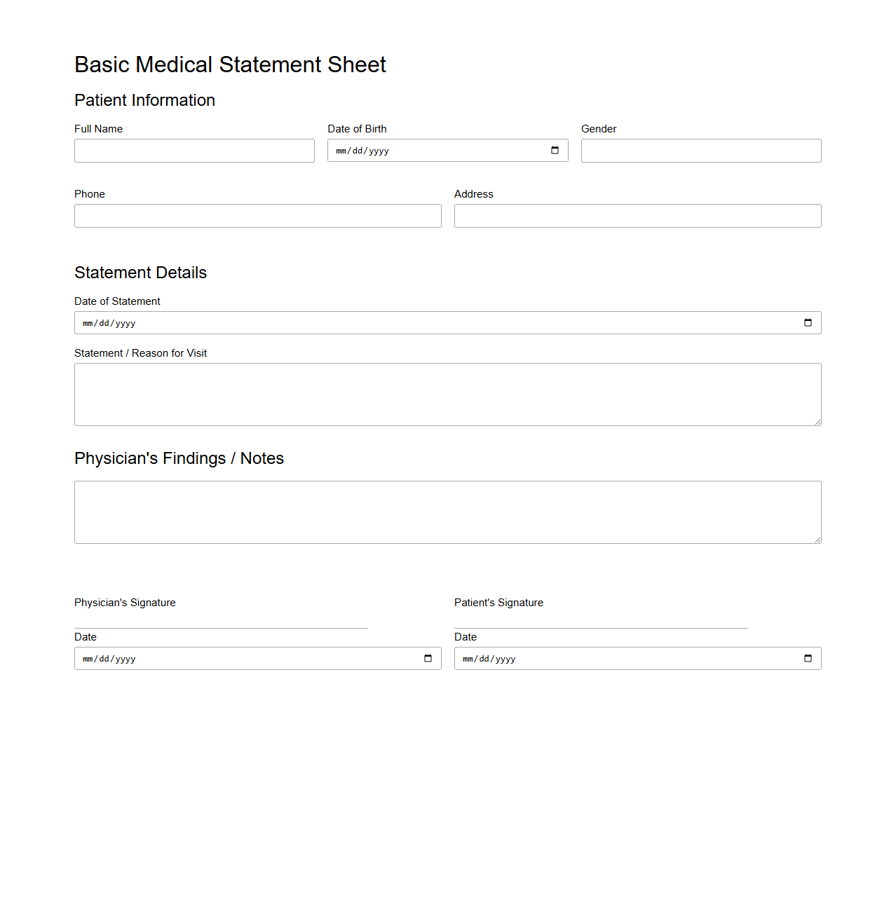 Basic Medical Blank Statement Sheet