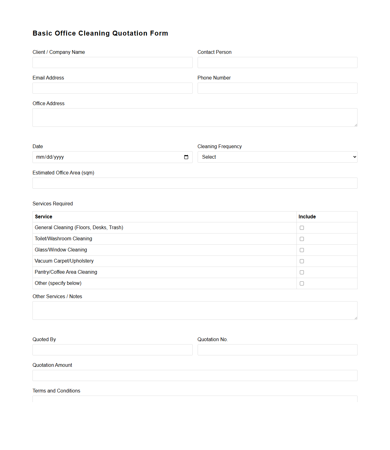 Basic Office Cleaning Quotation Form