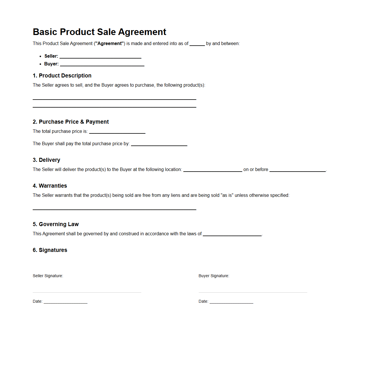Basic Product Sale Agreement Template