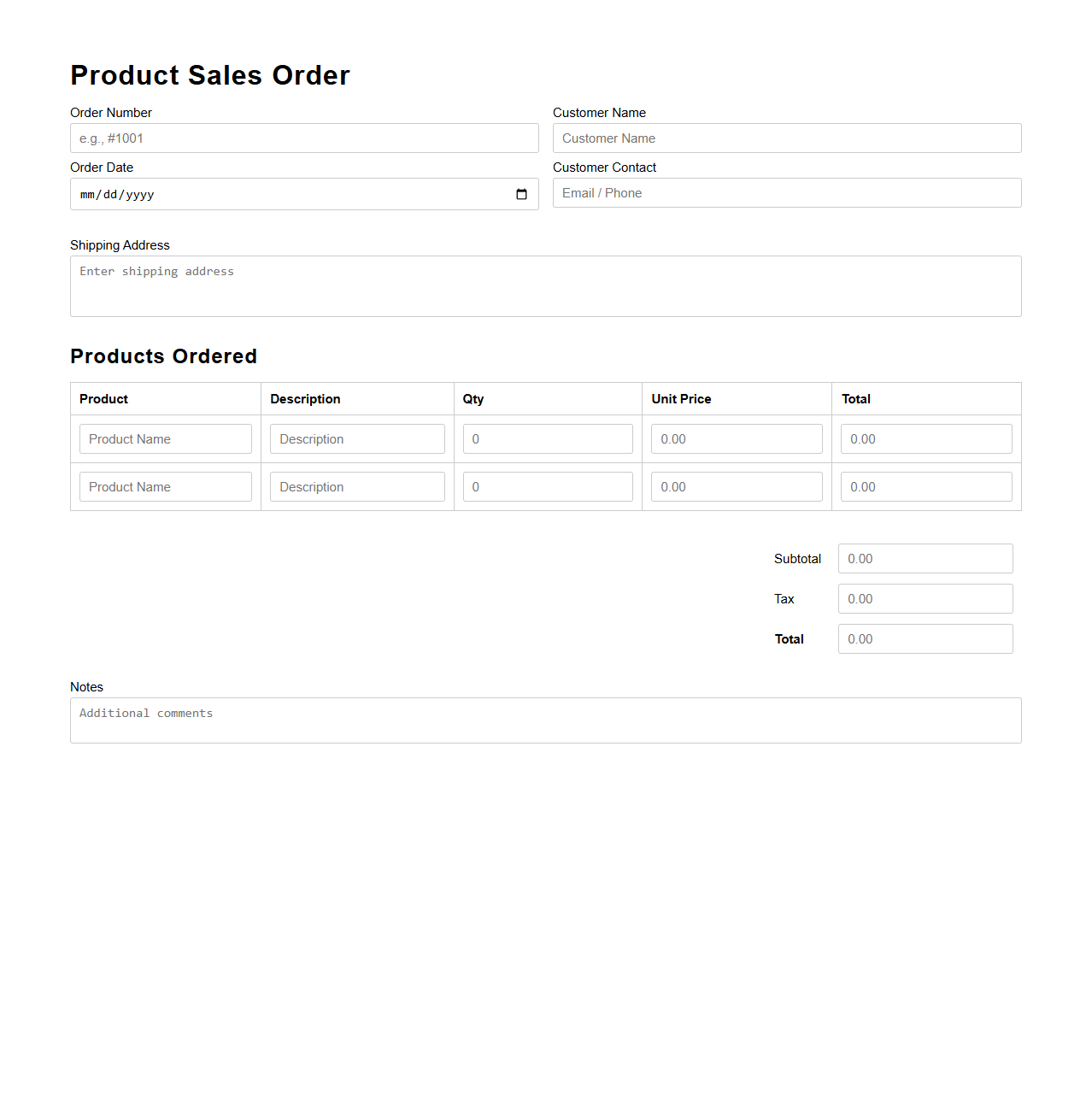 Basic Product Sales Order Template