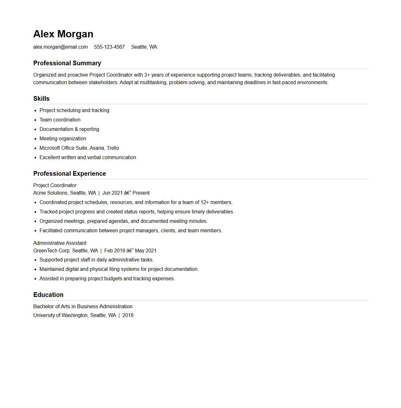 Basic Project Coordinator Resume Sample