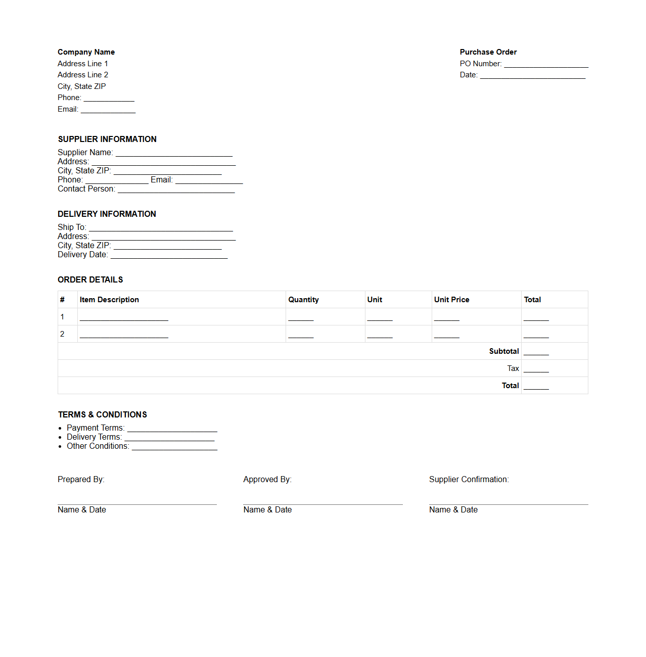 Basic Purchase Order Layout for Procurement Departments
