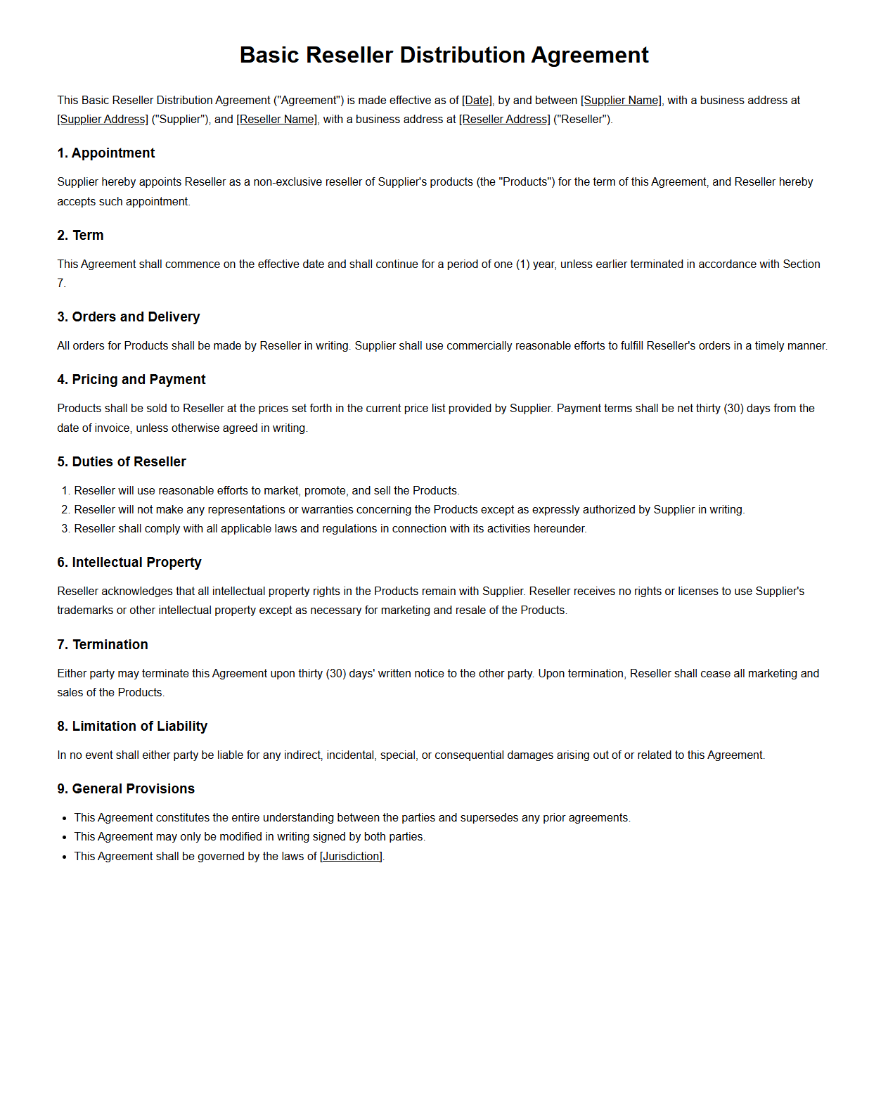 Basic Reseller Distribution Agreement Template