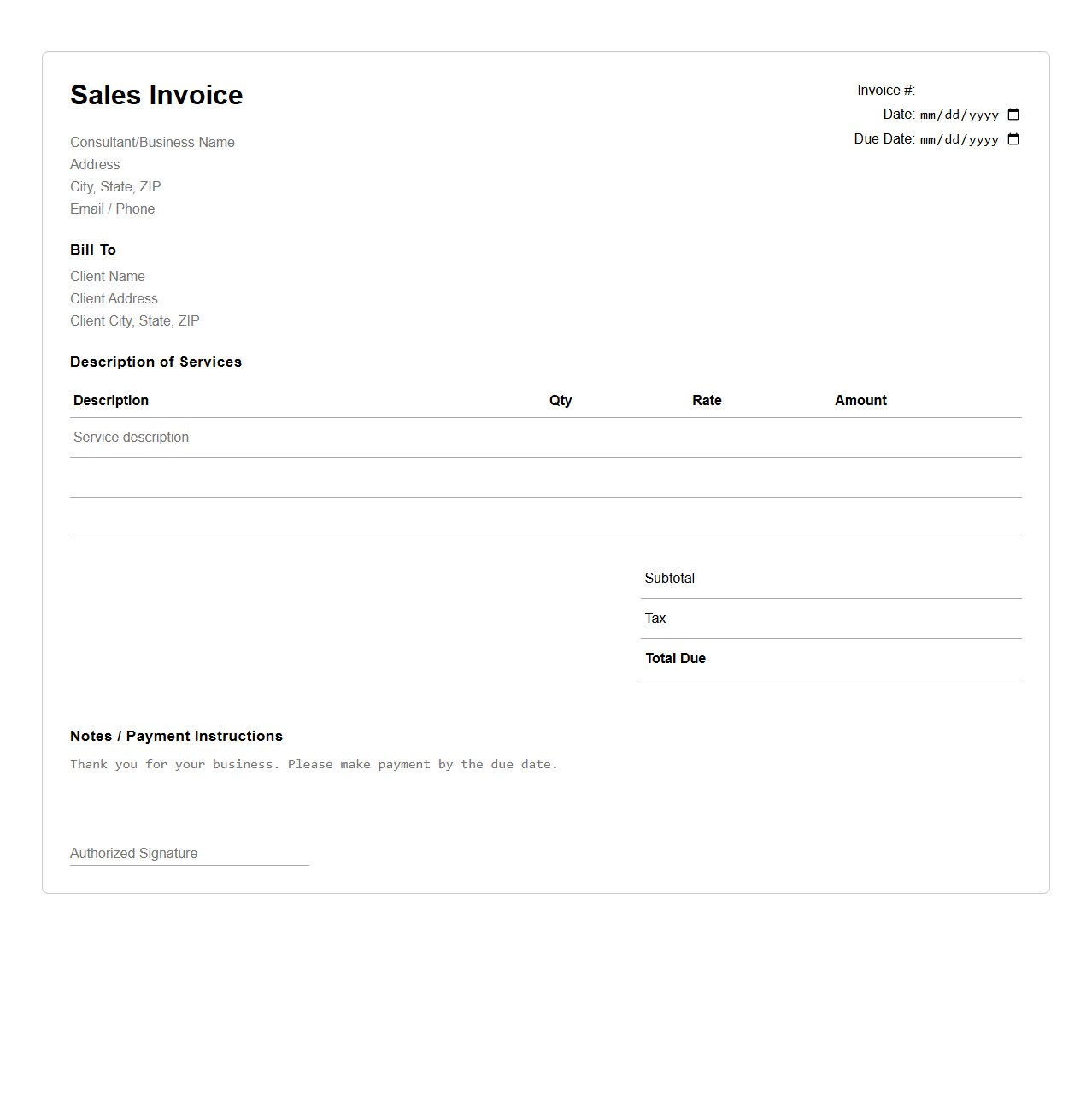 Basic Sales Invoice Blank for Consultants