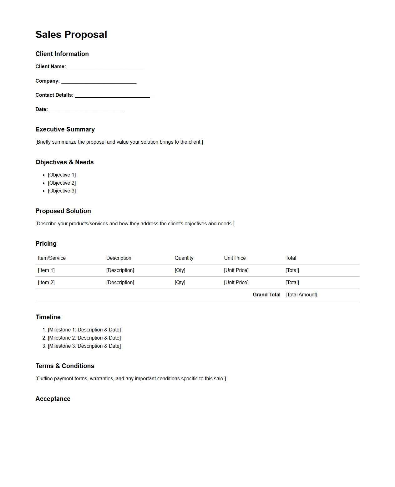 Basic Sales Proposal Template for New Leads