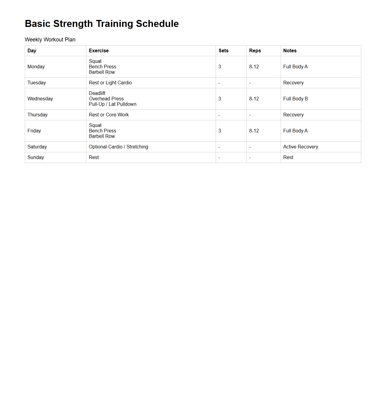 Basic Strength Training Schedule Template
