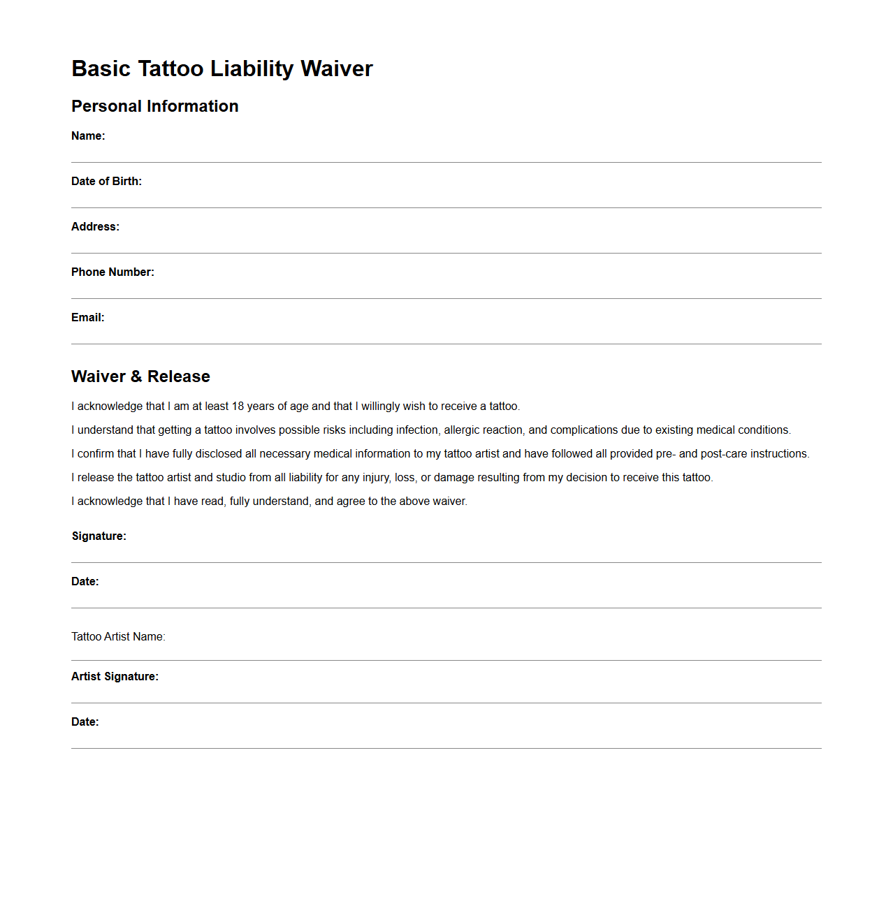 Basic Tattoo Liability Waiver Template