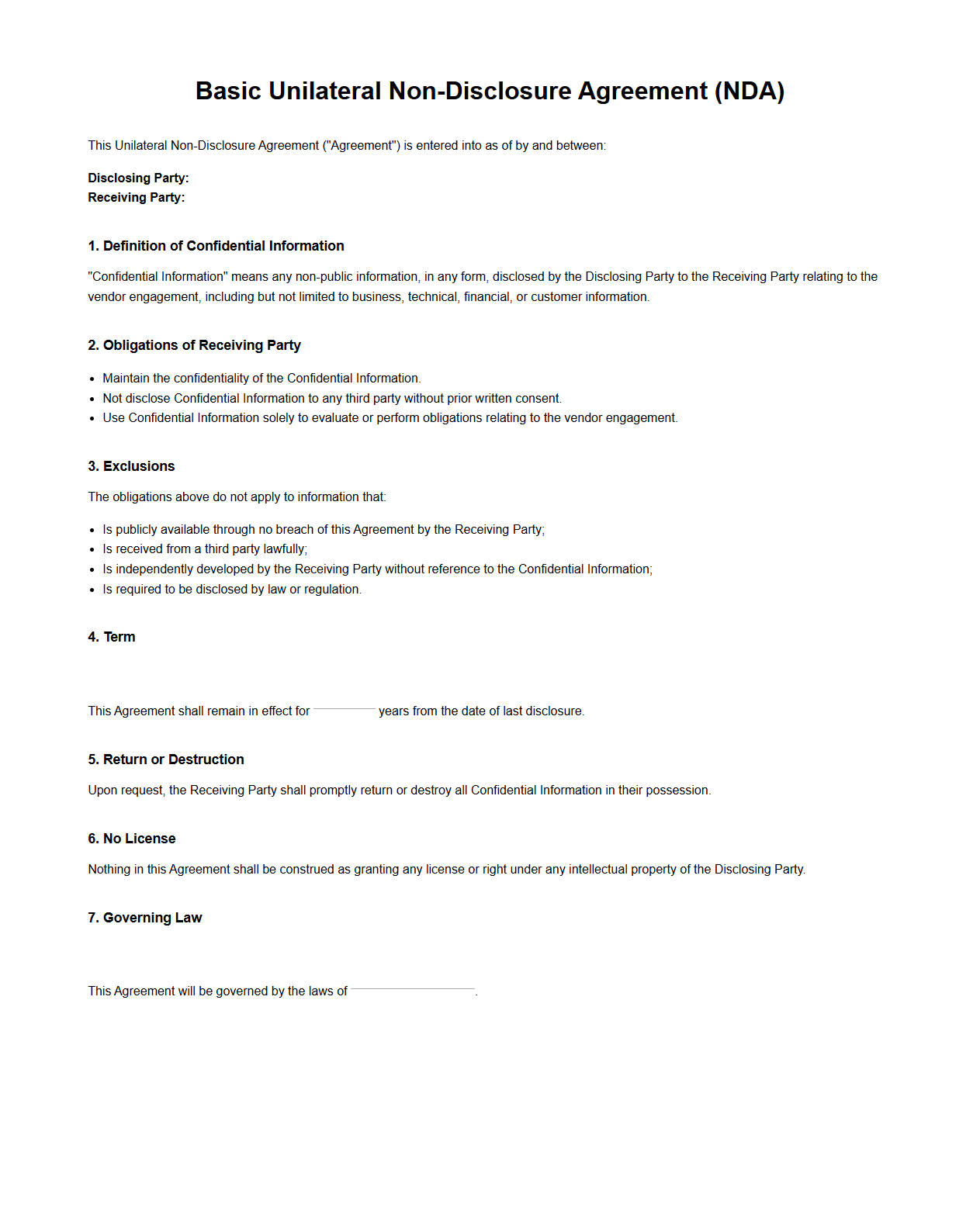 Basic Unilateral NDA Template for Vendor Engagements