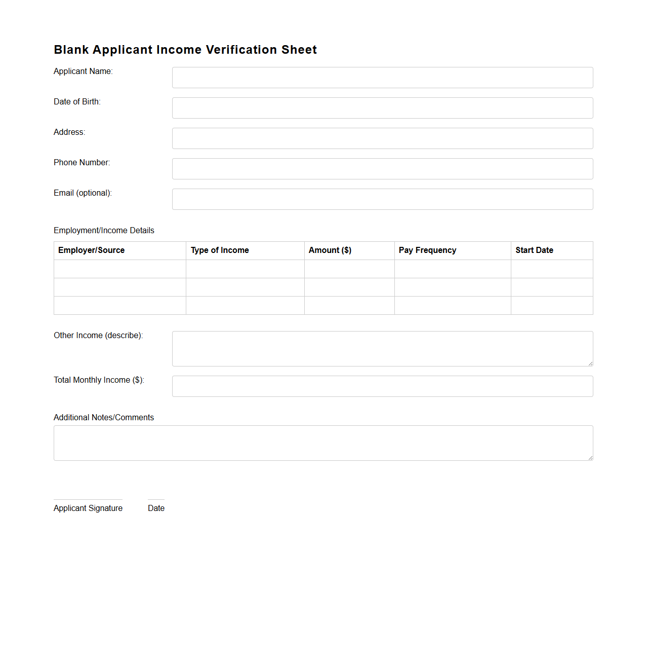 Blank Applicant Income Verification Sheet