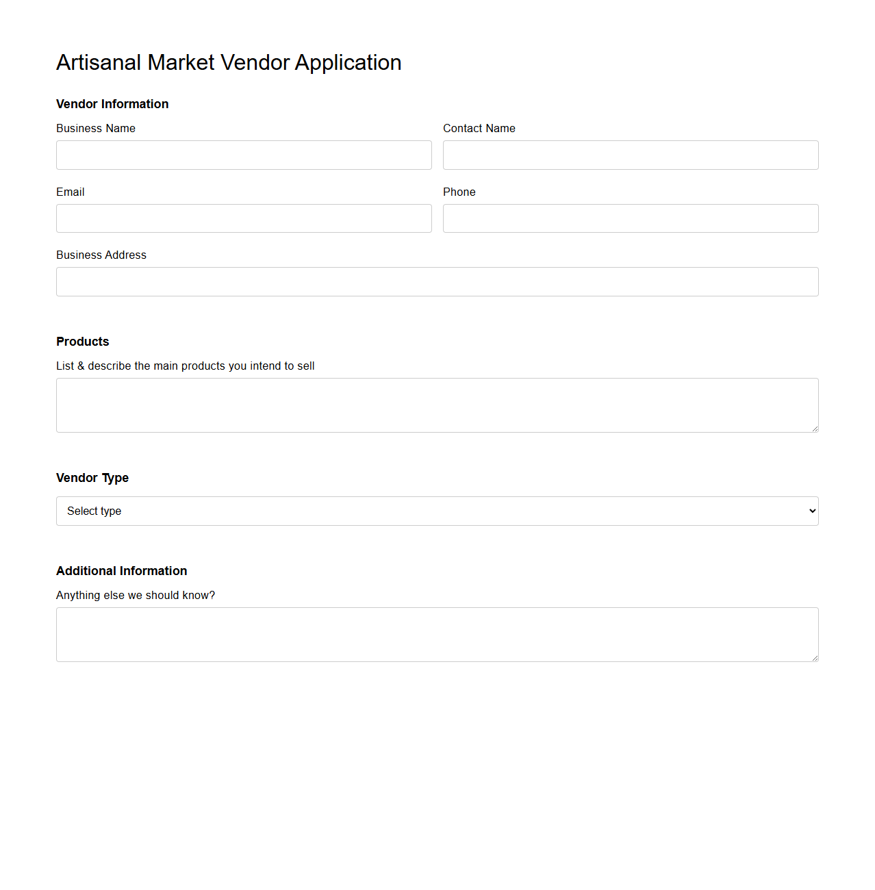 Blank Artisanal Market Vendor Application