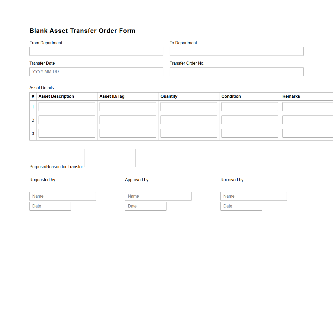 Blank Asset Transfer Order Form