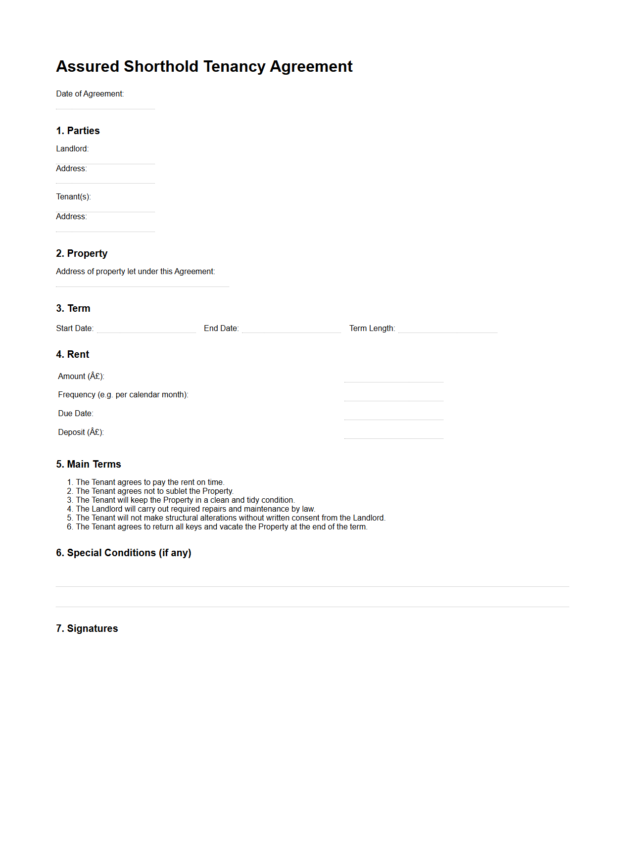 Blank Assured Shorthold Tenancy Contract Template