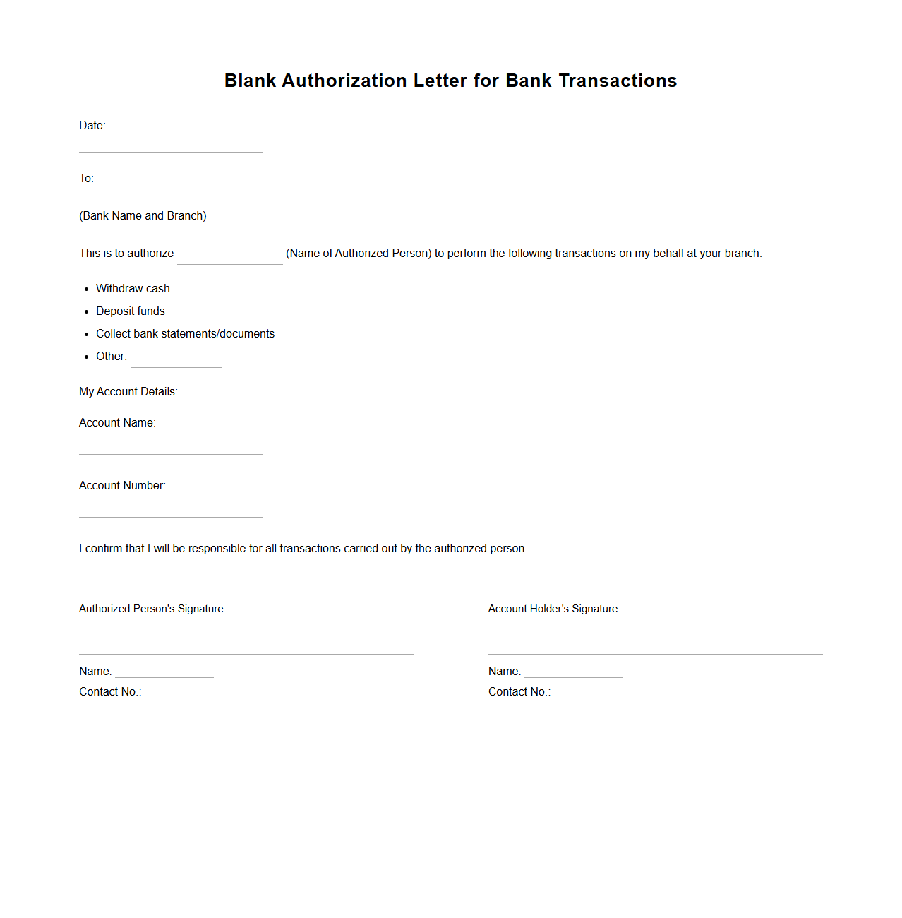 Blank Authorization Letter Template for Bank Transactions