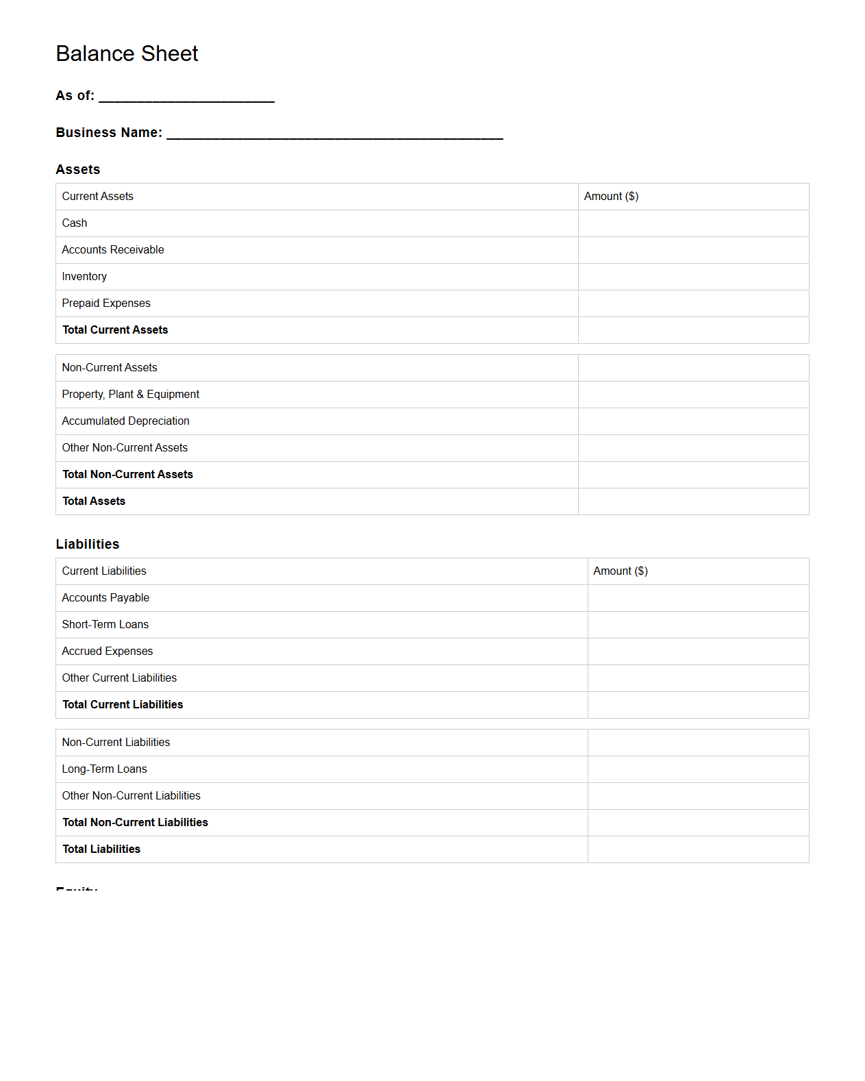 Blank Balance Sheet Template for Business Owners