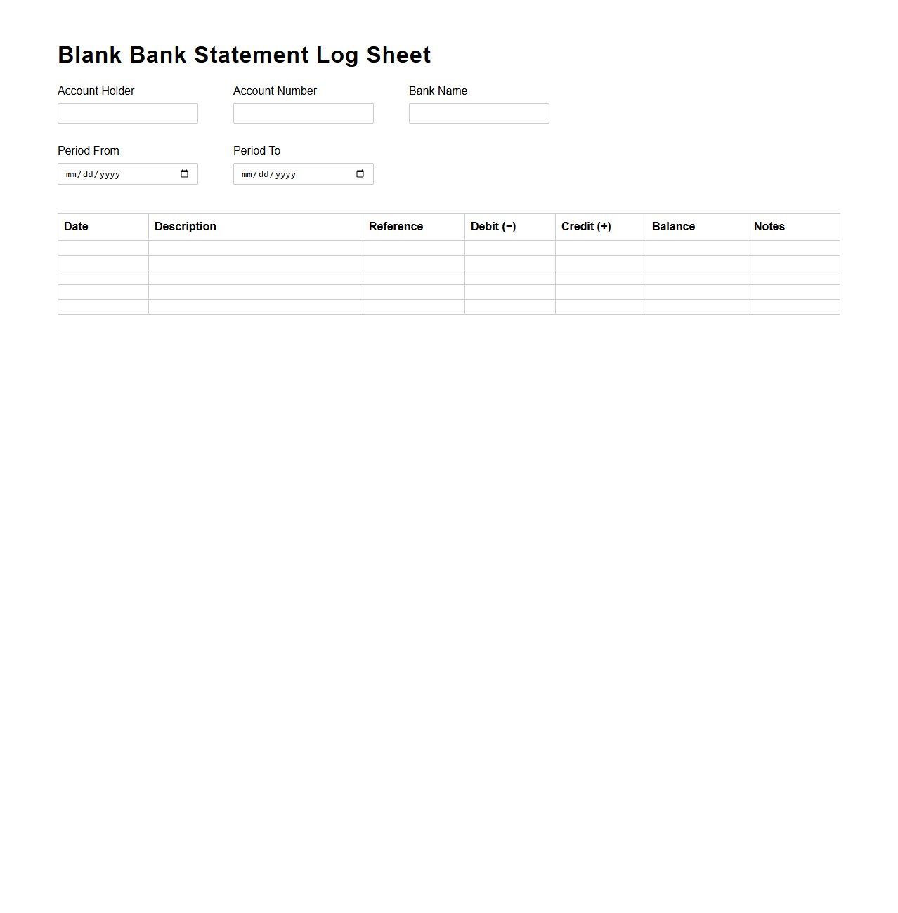 Blank Bank Statement Log Sheet for Personal Finance